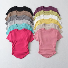 23跨境新款休闲简约T恤衫春季纯色女装圆领松紧下摆短款打底衫