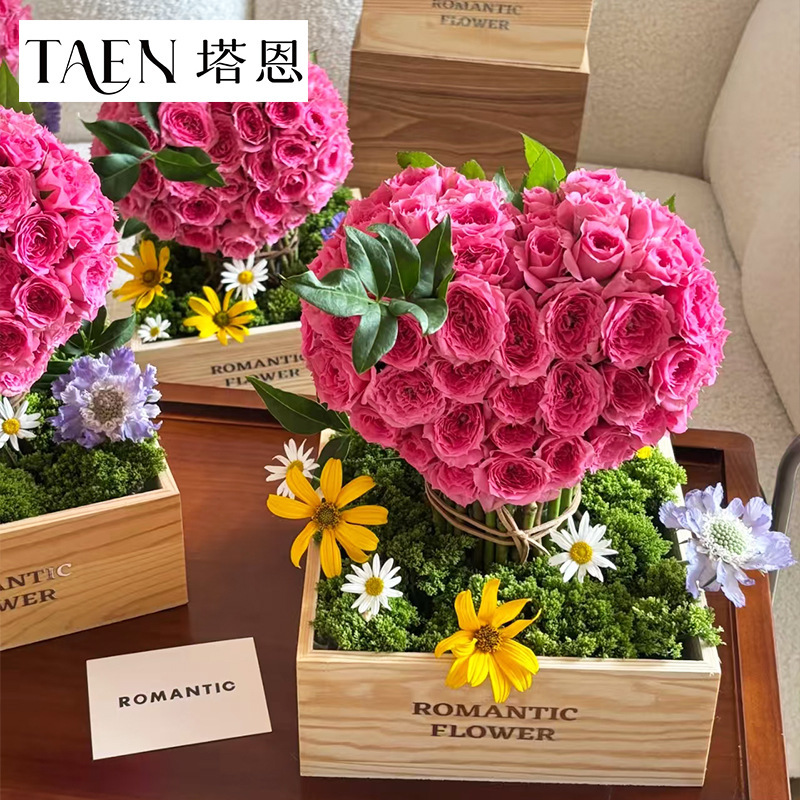 塔恩 简约方形木盒玫瑰花束插花盒diy手工花艺礼盒鲜花包装材料|undefined