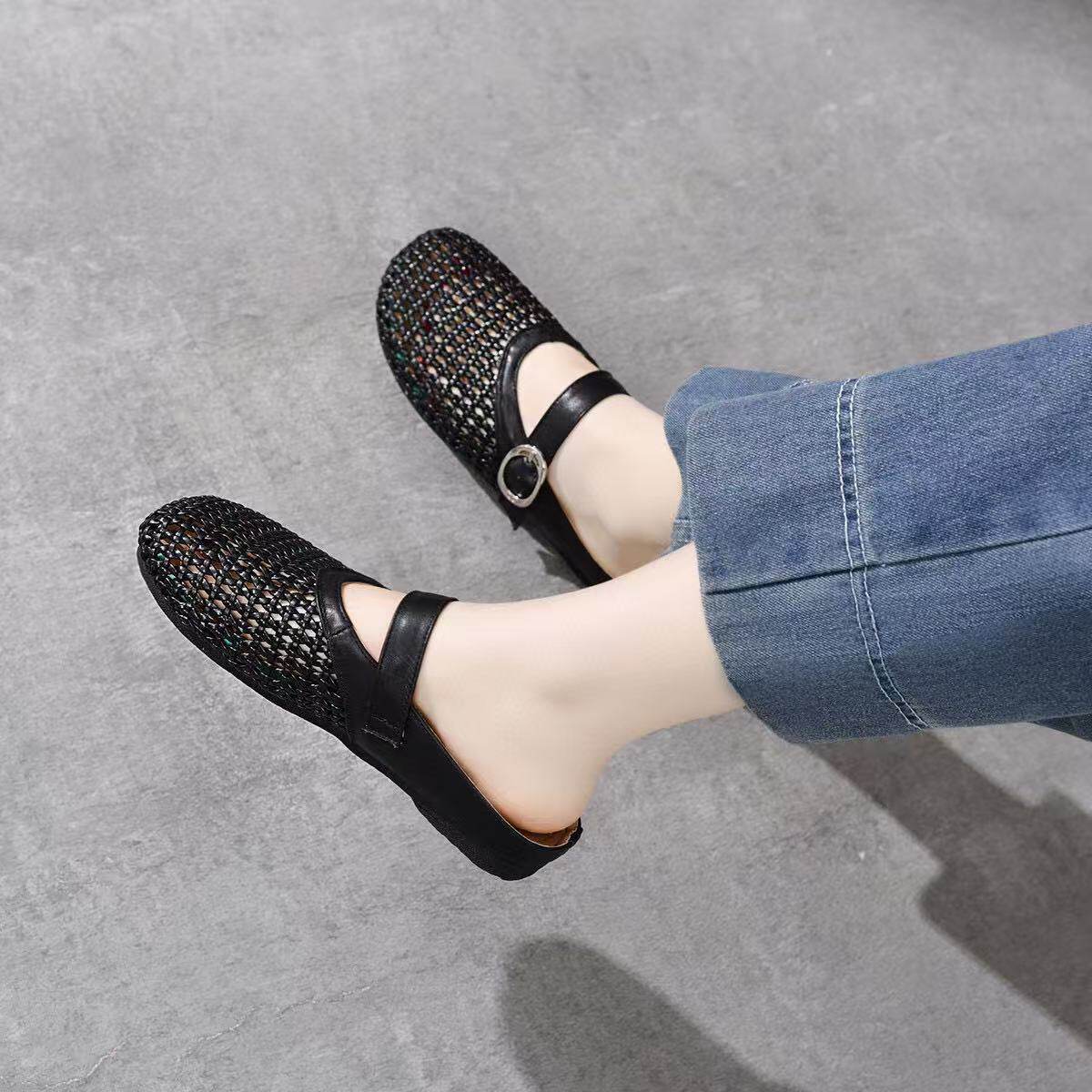 Dép sandal nữ da thật mũi tròn đan rỗng gót thấp chống trượt — màu be chi tiết 3