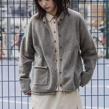 2025秋冬小翻领卷边口袋全羊毛花式纱开襟毛衣外套女