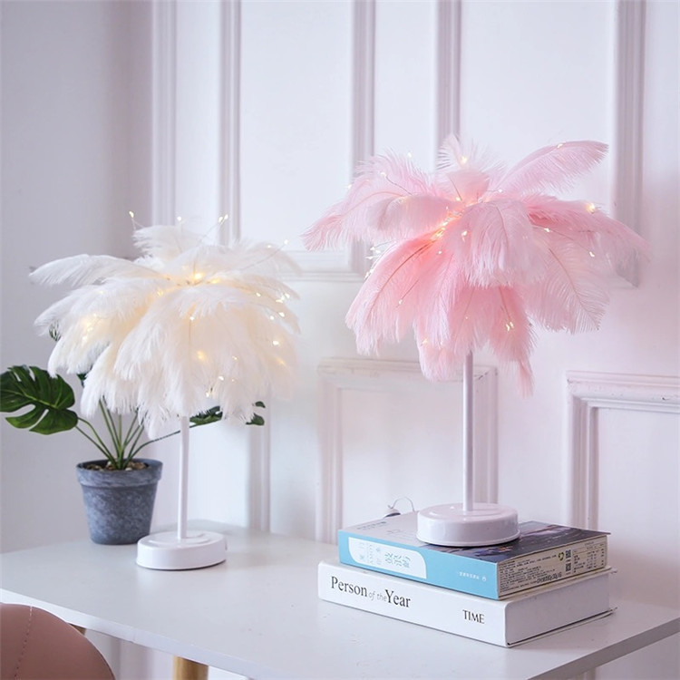 LED feather lamp dandelion copper wire lamp ins feather table lamp Net famous romantic room decoration lamp remote control Night Light