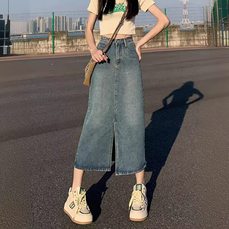高腰开叉牛仔半身裙女夏季新款a字裙包臀裙小个子梨型中长裙|undefined