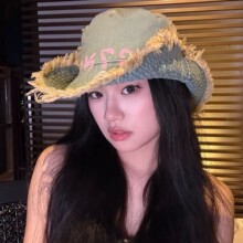 破洞毛边字母做旧牛仔渔夫帽女春夏季2026新款大帽檐登山帽盆帽子