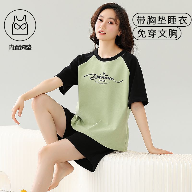 Venta al por mayor transfronteriza verano nuevos pijamas de estilo caliente para mujer, correa de algodón de imitación, almohadilla para el pecho, pantalones cortos de manga corta, traje casual