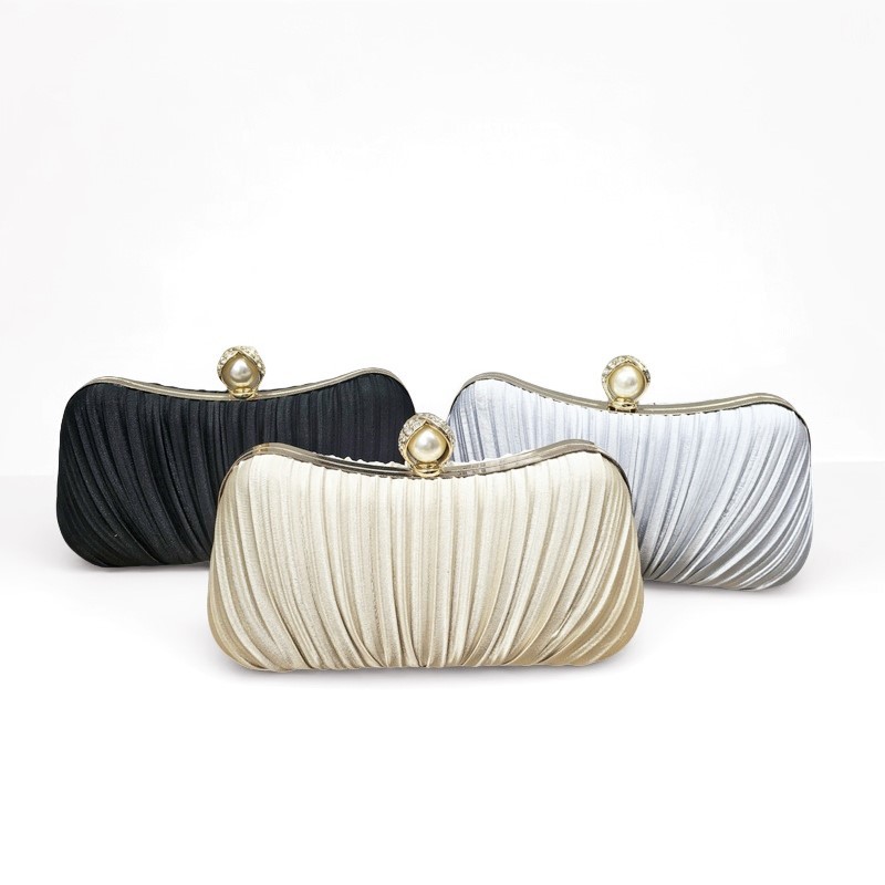 Cross-border new silk-like dinner handbag small concave waist cheongsam bag evening bag dress lady pleated bag