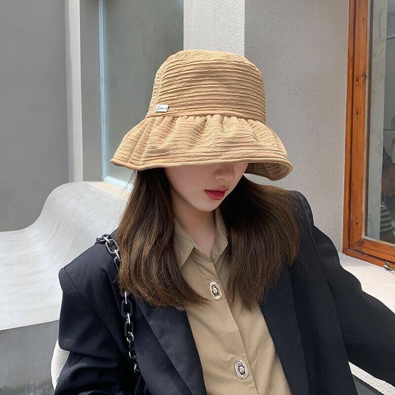 Solid Color Pleated Fisherman's Hat for Women, Foldable, Large Head Circumference, Sun Protection Hat, Versatile Sun Hat, Simple Style Solid Color Pleated Fisherman's Hat for Women, Foldable, Large Head Circumference, Sun Protection Hat, Versatile Sun Hat, Simple Style