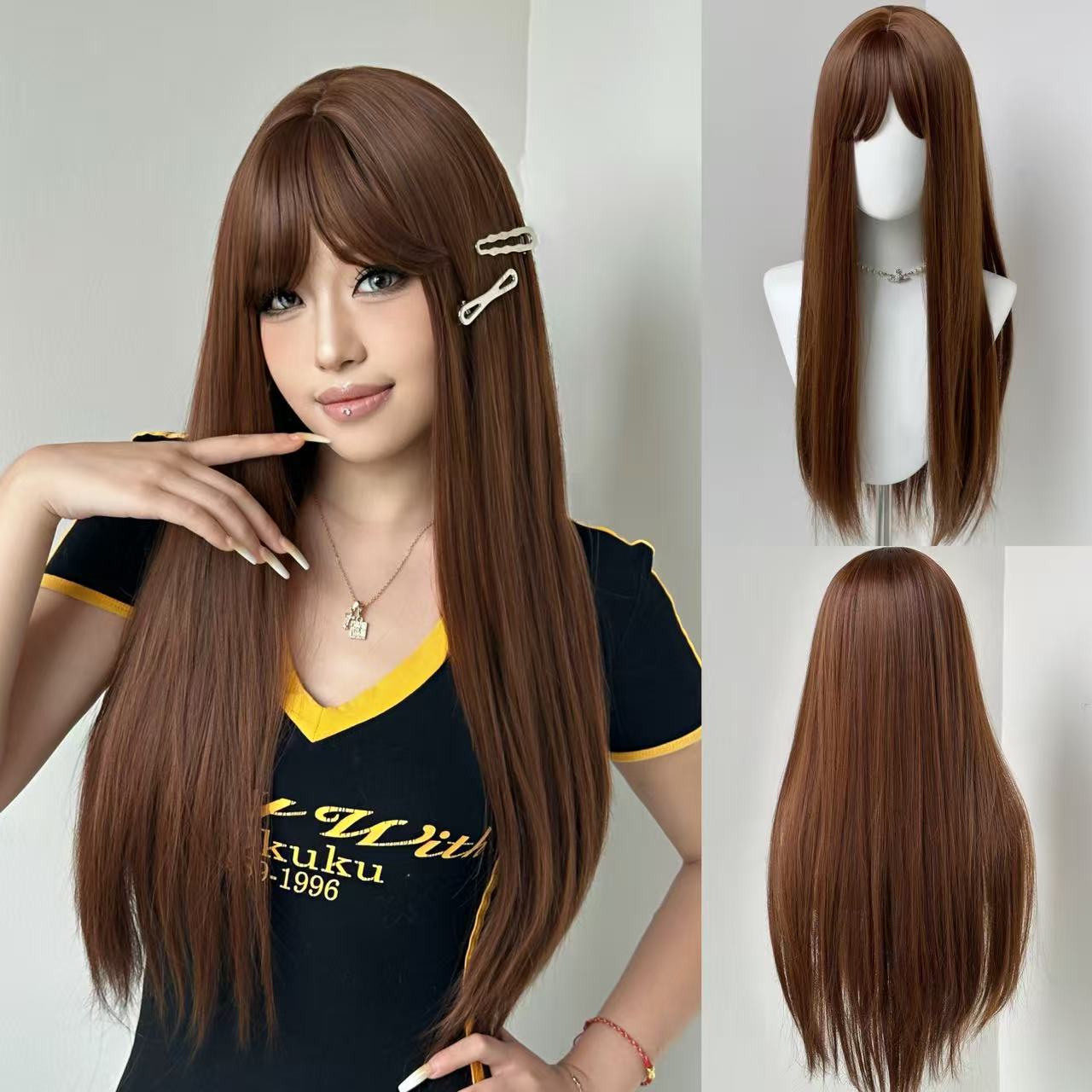 Japón y Corea del Sur explotaron el aire dorado claro cabello largo recto y peluca de frange natural realista fibra química cubierta de cabeza completa