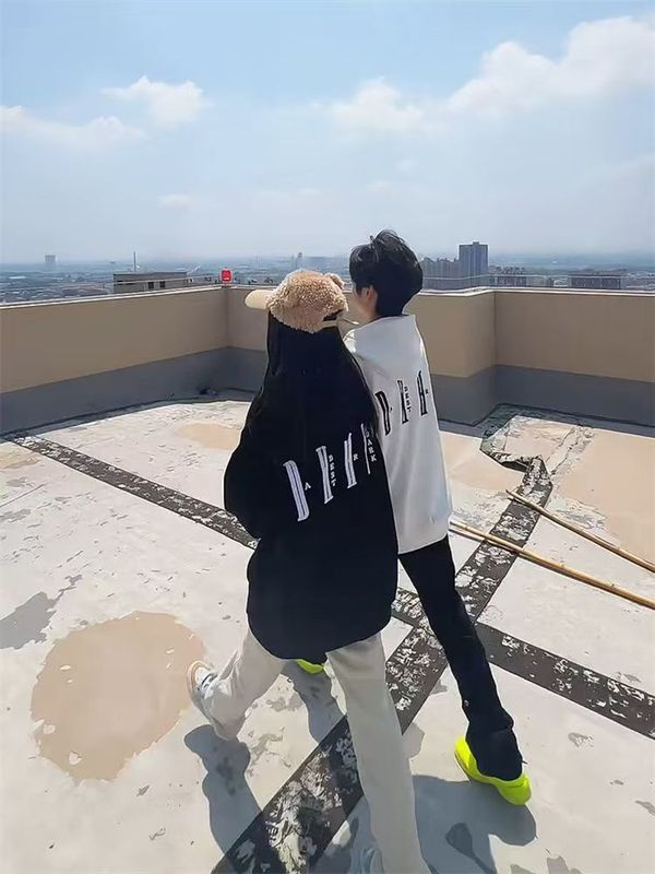 美式原创刺绣加绒卫衣女2025新款宽松懒惰风外套男情侣装两件套潮|undefined