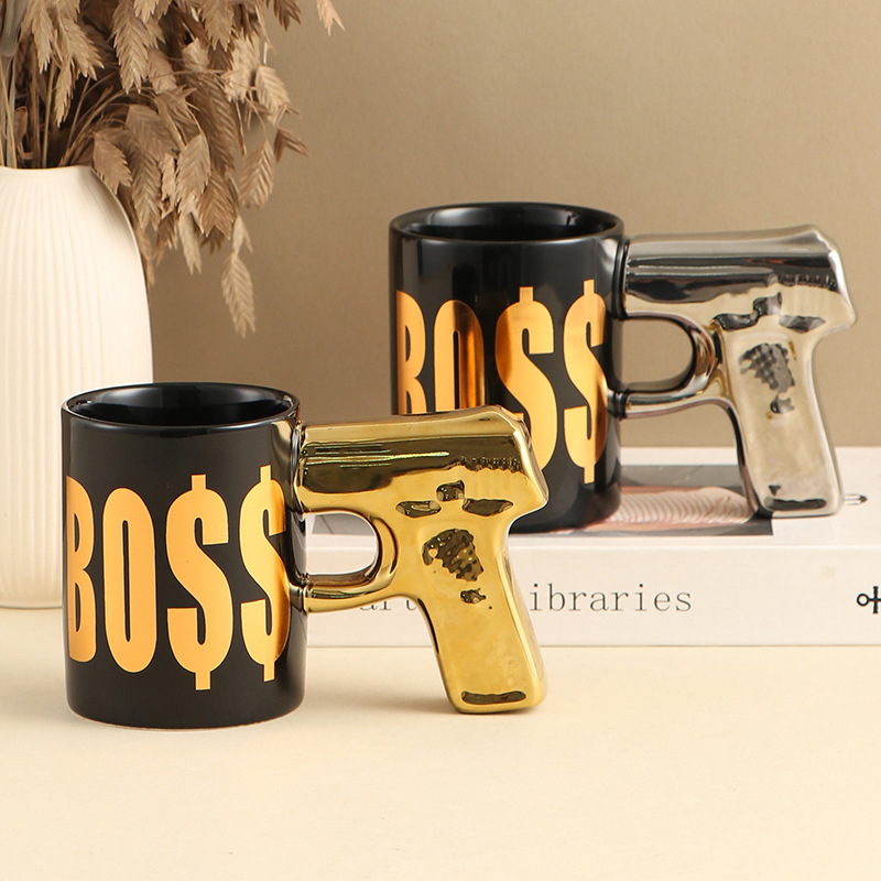 BOSS黄金手枪杯工厂现货陶瓷马克杯陶瓷杯咖啡杯出口外贸跨境专供
