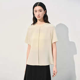 2026春夏桑蚕丝短袖上衣 圆领压褶宽松T 恤显瘦高级感桑蚕丝女装