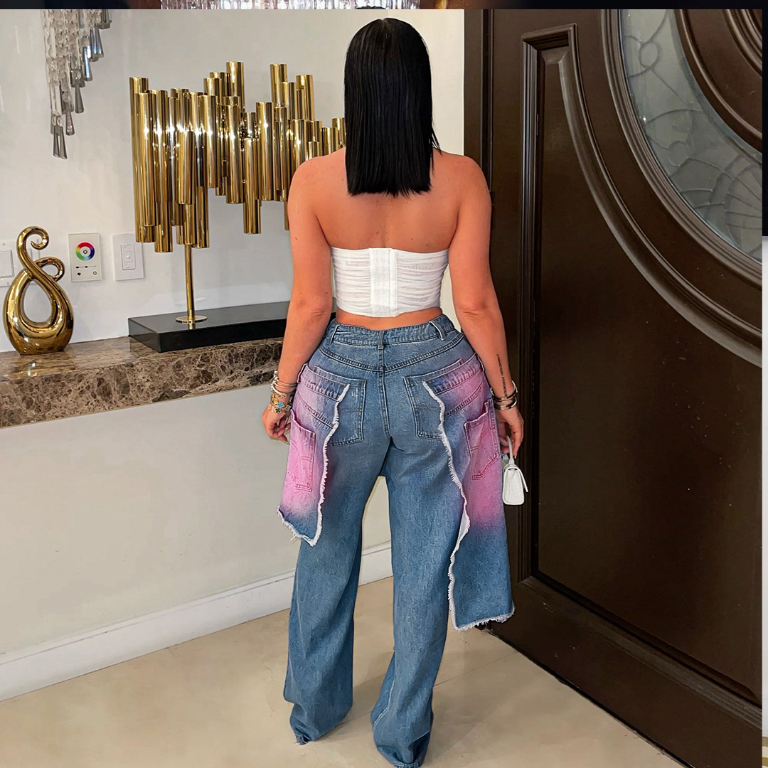 YL2568 Autumn/Winter European And American Women's Fashion Washed Ripped Spray-Dyed Loose Stretch Denim Patchwork_ecoleips.com