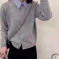 2025年春秋韩版气质减龄上衣女设计感时尚质感拼接假两件针织开衫
