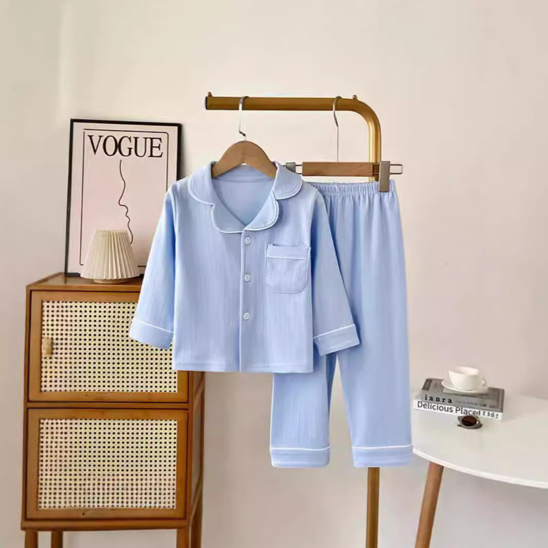 Autumn and Winter New Style Pure Cotton Combed Cotton Loungewear for Older Children, Lapel Cardigan Children's Pajama Set, Solid Color for Boys and Girls Autumn and Winter New Style Pure Cotton Combed Cotton Loungewear for Older Children, Lapel Cardigan Children's Pajama Set, Solid Color for Boys and Girls