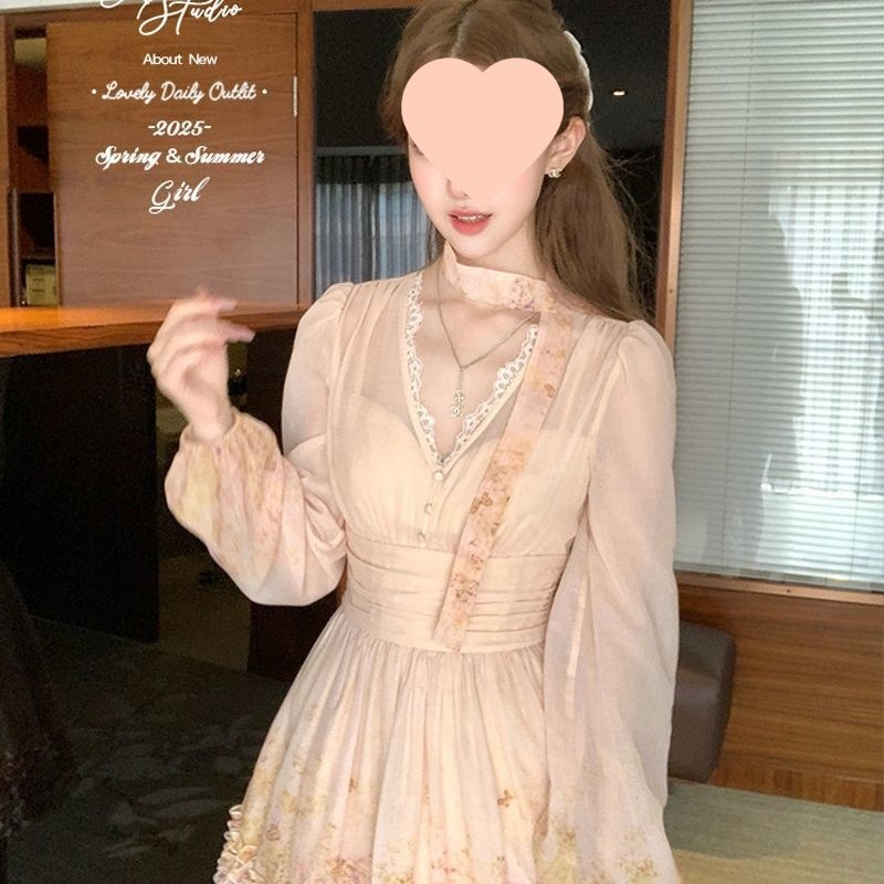秋季新款女装小个子茶歇法式绝美气质高级感v领长袖碎花连衣裙子|undefined