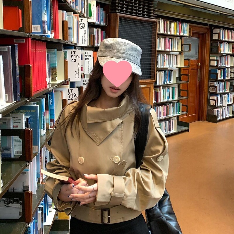卡其色立领秋冬排扣带腰袢风衣高级气质感外套女|undefined