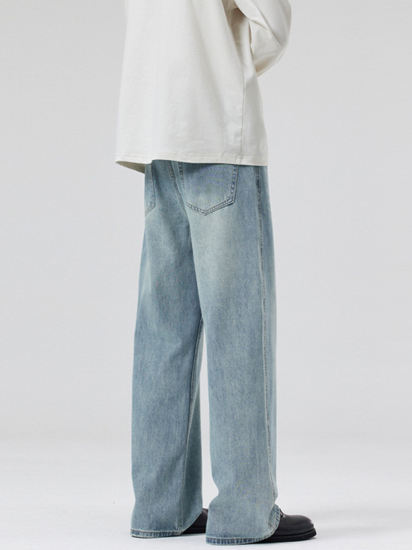 LKTM Men's Wear # Jeans de barba de gato lavados azul claro de primavera y verano para hombres y mujeres pantalones rectos sueltos de moda