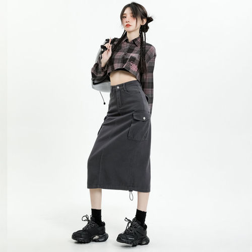 Open-back design drawstring work dress women 2025 gray versatile denim skirt niche high-waisted midi dress