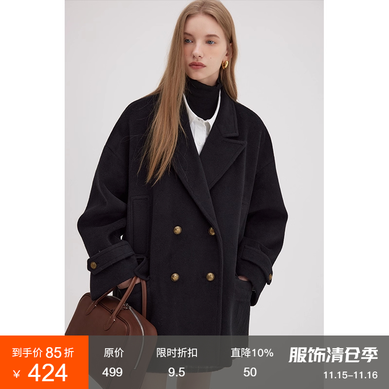 Winter Black Short Hepburn Woolen Coat for Women, British Style Double-Breasted Woolen Coat, Suli Coat