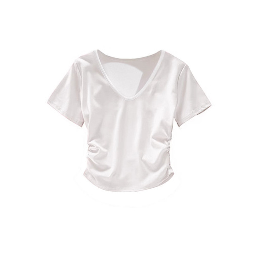 2025 Summer New Short Sleeve Top Modal V-Neck Double-Side Pleated Slimming High-End T-Shirt for Women Fashion