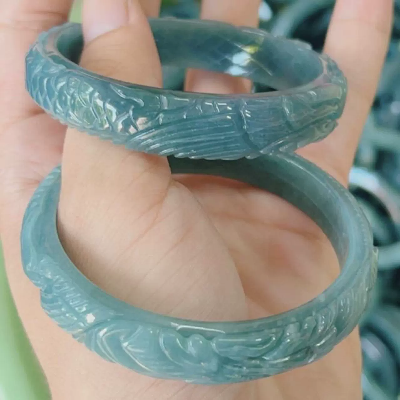 天然A货翡翠蓝水正圈立体凤凰手镯平安镯冰种玉石镯子珠宝批发