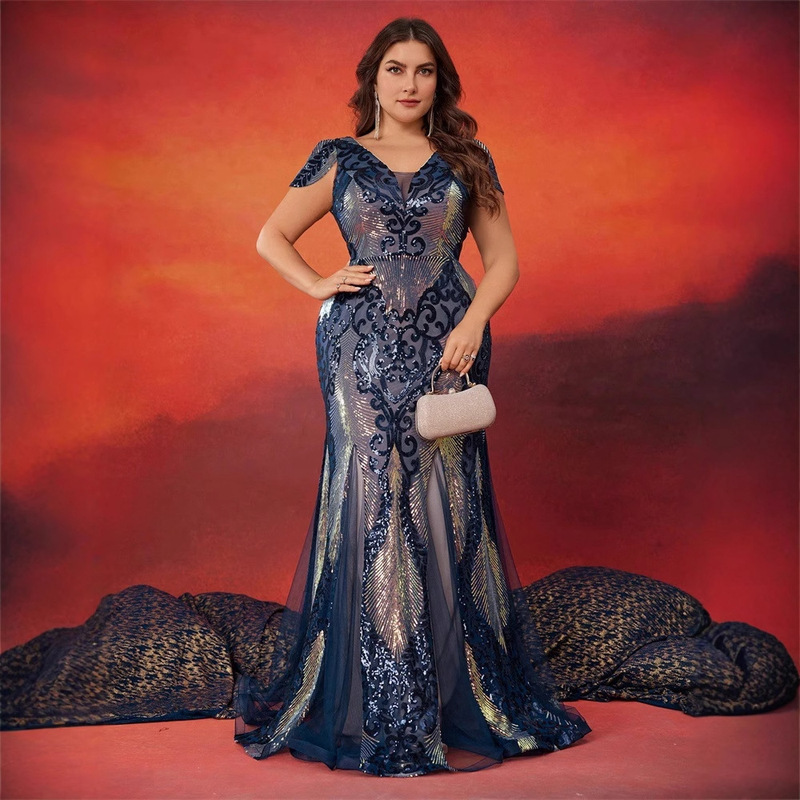 European and American Sequin Plus Size Fat Woman's V Neck Short-Sleeved Elegant Noble Cocktail Party Formal Dinner Dress Skirt Mother's Dress