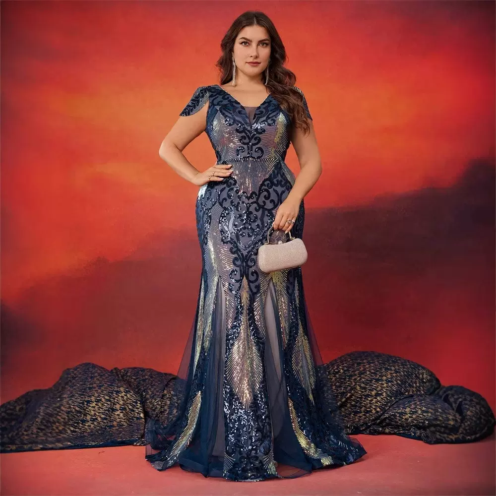 欧美珠片大码肥婆装V领短袖气质高贵酒会正式晚宴礼服裙妈妈礼服