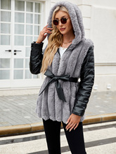 F0755程娟新品女士仿皮草外套上衣连帽收腰欧美毛毛短款外套