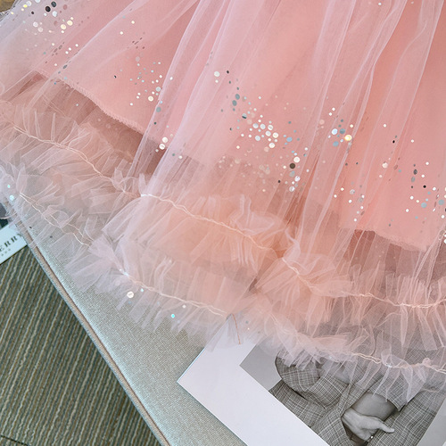 Little Girl Dress 2024 New Pearl Collar Princess Dress Children Short Sleeve Net Dress Girl Stylish Fashion Skirt