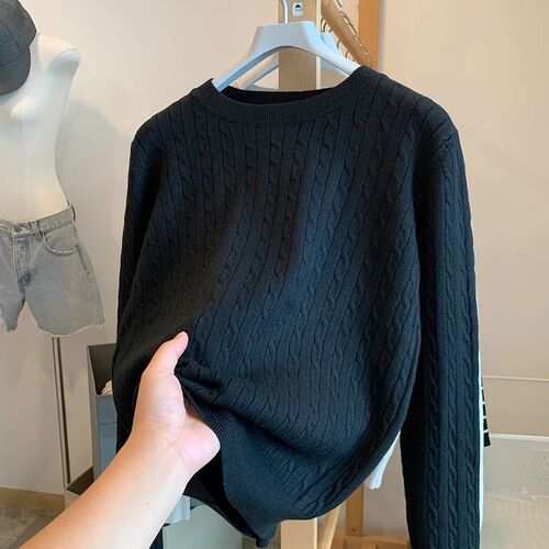 Twist sweater for women's autumn and winter soft waxy waxy all-match apricot round collar loose pullover Korean lazy-style sweater