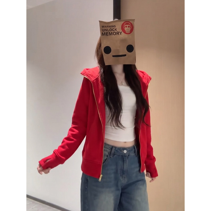 Red short women's top for autumn, slim-fit, waist-cinching, long-sleeved cardigan, yoga sports hooded sweatshirt jacket Red short women's top for autumn, slim-fit, waist-cinching, long-sleeved cardigan, yoga sports hooded sweatshirt jacket