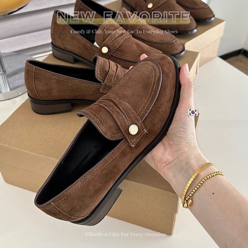 First-Layer Leather Version in Stock, Ships Instantly! Retro British Style Suede Versatile Loafers with Small Gold Buckle for Women, Chunky Heel, Round Toe First-Layer Leather Version in Stock, Ships Instantly! Retro British Style Suede Versatile Loafers with Small Gold Buckle for Women, Chunky Heel, Round Toe