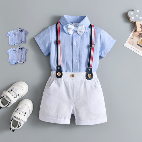 Export Trade Children's Clothing Wholesale British Waistband Pants Two-Piece Children's Clothes Baby Summer Thin Short-Sleeved Boys' Summer Wear