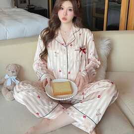 可爱甜美长袖开衫纯欲外穿家居服套装高级感冰丝料法式睡衣可透气