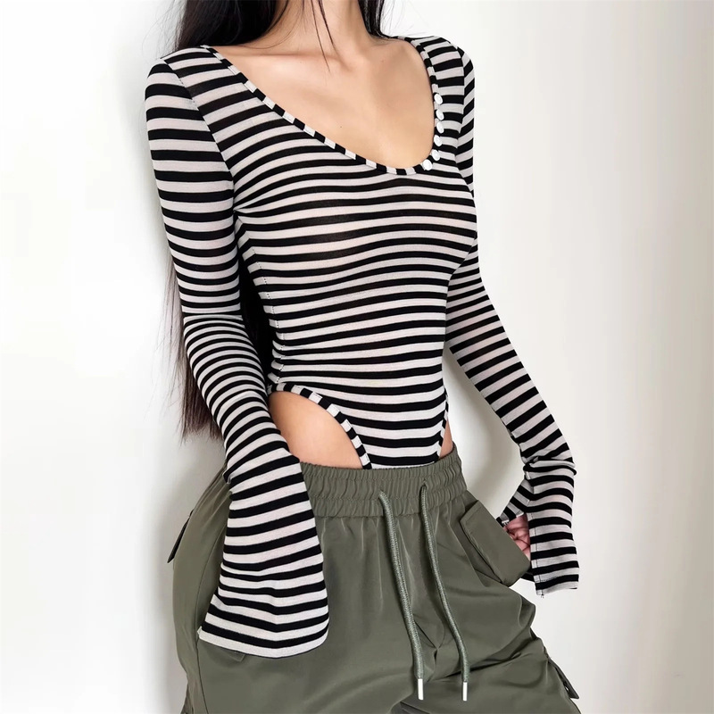 Hot Girl Waist-Cinching Stripesd Jumpsuit Long-Sleeved T-Shirt Women's Autum Inner Tight-Fitting Elastic American Bottoming Shirt Top