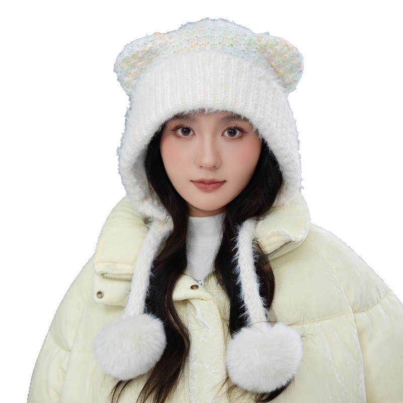 冬季帽子女款系带针织帽加绒加厚防寒毛线帽百搭保暖帽兔毛包头帽|undefined