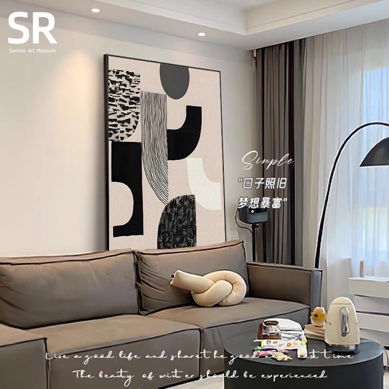 极简黑白灰客厅装饰画高级感铝合金框抽象挂画落地画玄关沙发壁画|undefined