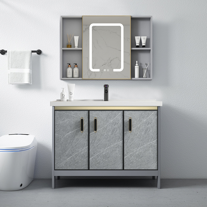Baño de aluminio espacio gabinete de baño lavabo gabinete combinación de cerámica integrado lavabo gabinete moderno cuarto de baño mesa de lavado