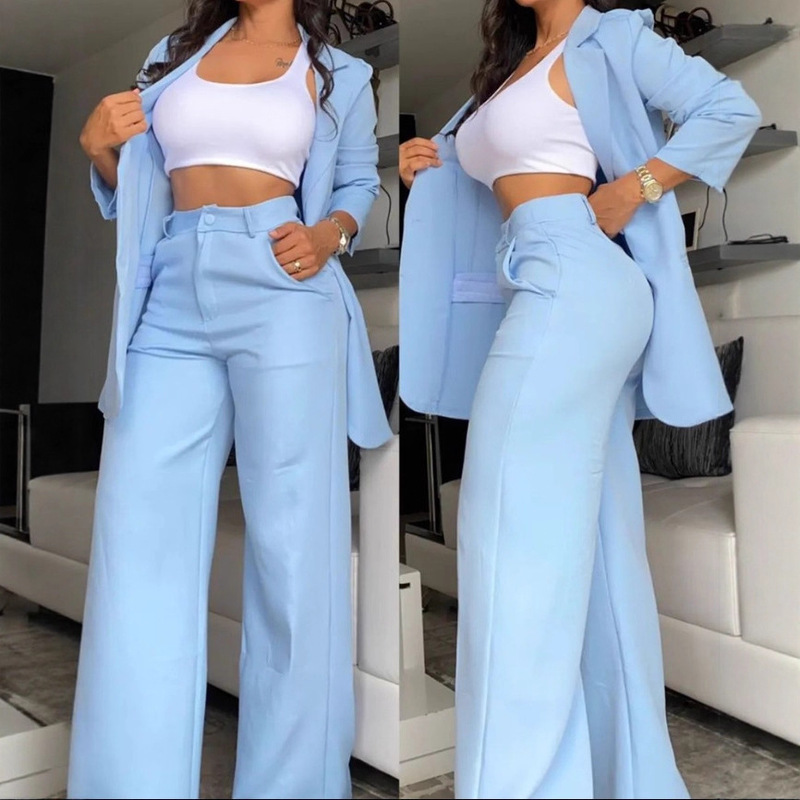 Cross-Border 2025 European and American Foreign Trade Summer Women's Clothing Elegant Solid Color Split-Sleeve Lapel Blazer Straight-Leg Pants Suit for Women Cross-Border 2025 European and American Foreign Trade Summer Women's Clothing Elegant Solid Color Split-Sleeve Lapel Blazer Straight-Leg Pants Suit for Women