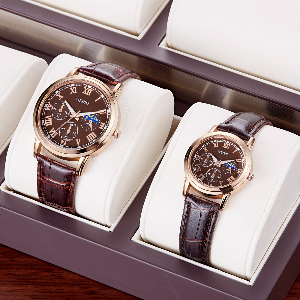 情侣表男女表 三眼日月星辰表 PU皮带黑色 咖啡对表 抖音直播热卖