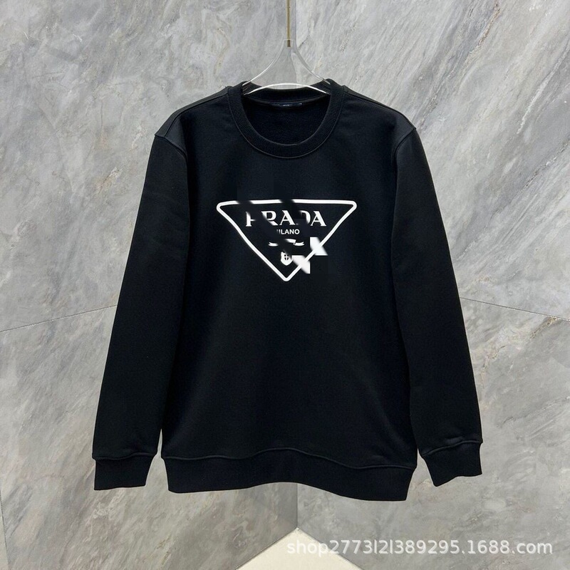 American Style Fashion Brand PRA Autumn and Winter New Triangle Label Letter Printing Round Neck Long Sleeve Sweatshirt Internet Celebrator Same Style fleece-lined