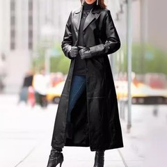 スポットクロスボーダーサプライヨーロッパとアメリカの女性のボタン付きレザージャケットロングコート痩身大きいサイズレザーウインドブレーカーw333