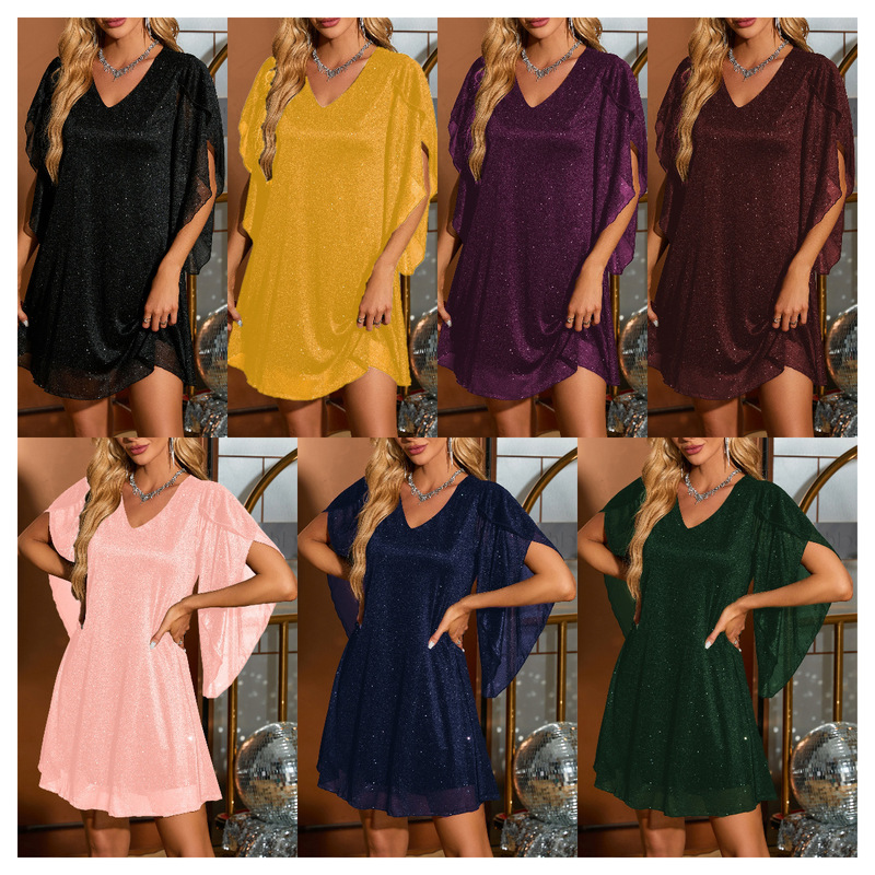 in stock explosions spring and summer Europe and the United States cross-border V-neck half sleeve holiday party elegant ladies gilded dress