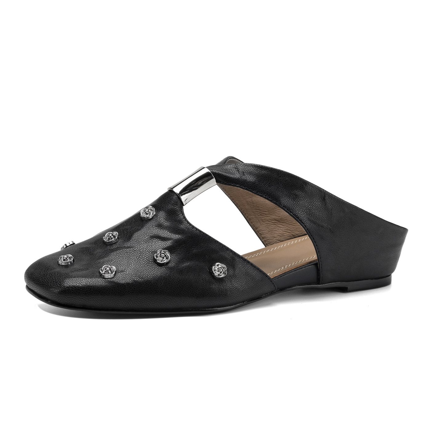 Dép sandal nữ quai chữ V đế bệt da cừu hoa nổi — đen chi tiết 31