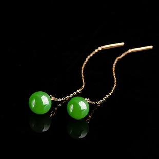 Natural Hetian Jade Jasper Round Bead Earrings for Women 18K Gold Inlaid Spinach Green Jade Round Bead Earrings with Certificate
