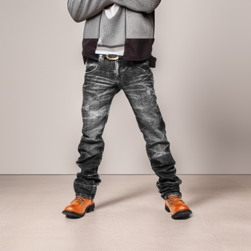 Cross-Border Men's Denim Jeans - Washed Black Stacked Style, with Raw Edges, Stretch Denim Jeans for Men