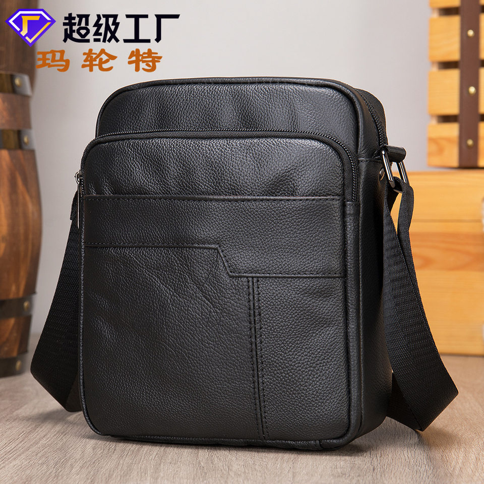 Túi đeo chéo nam da bò thật lớp đầu , túi đeo vai nhỏ gọn đựng vừa iPad 10 inch — Cà phê, Màu đen