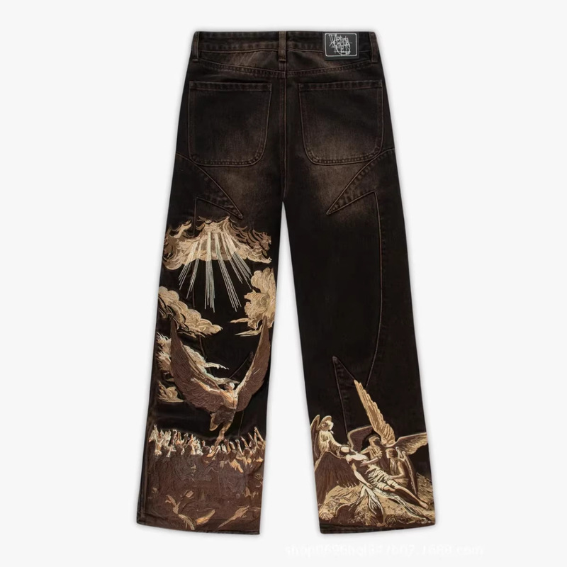 European and American Cross-Border Vescartes Fallen Angel Heavy Embroidery Jeans Unisex Vintage Loose Straight-Leg Pants European and American Cross-Border Vescartes Fallen Angel Heavy Embroidery Jeans Unisex Vintage Loose Straight-Leg Pants