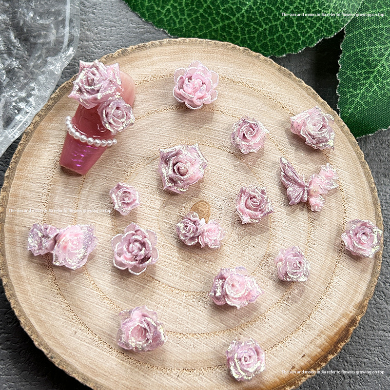 Nicho hecho a mano joyas de manicure rosa púrpura joyas camellia decoración de manicure mariposa luminosa al por mayor