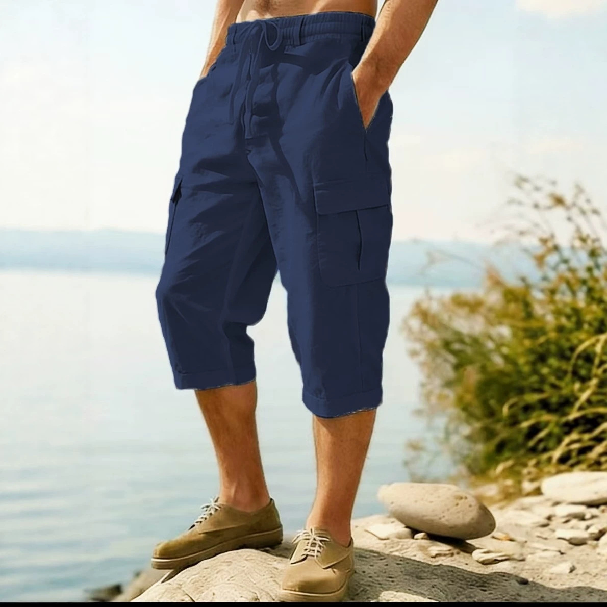 Men's Linen Cargo Pants All Season Thin Multiple Pockets Loose Casual Wide Leg Capri Pants_viptrois.com