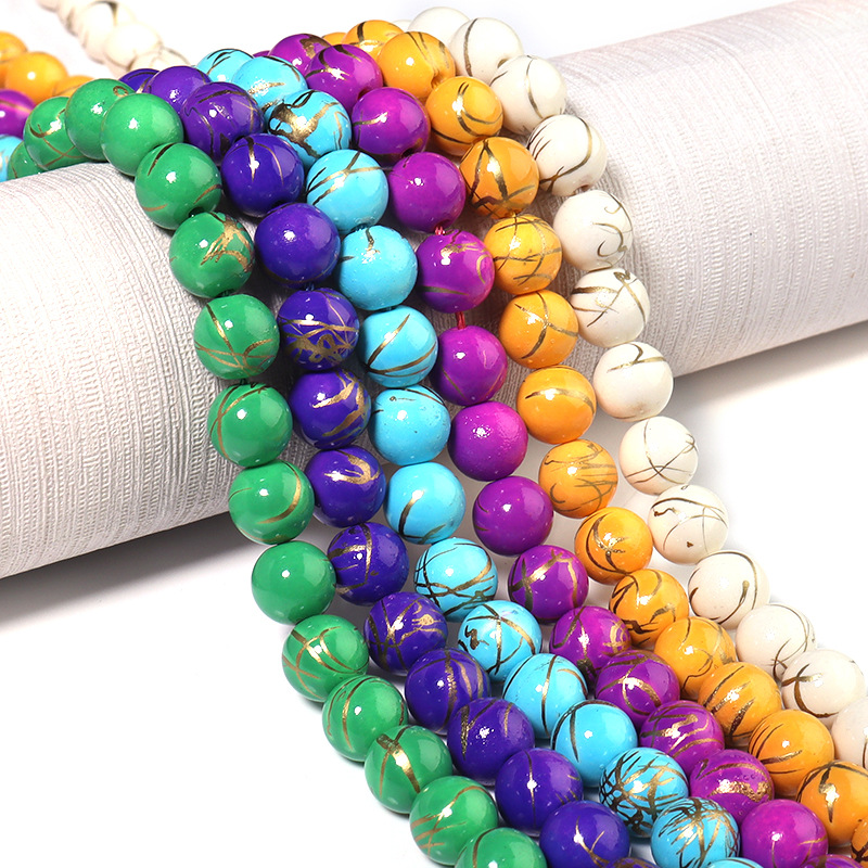 跨境专供金线松石 金丝蓝松绿松合成石珠散珠 diy手串半成品配件